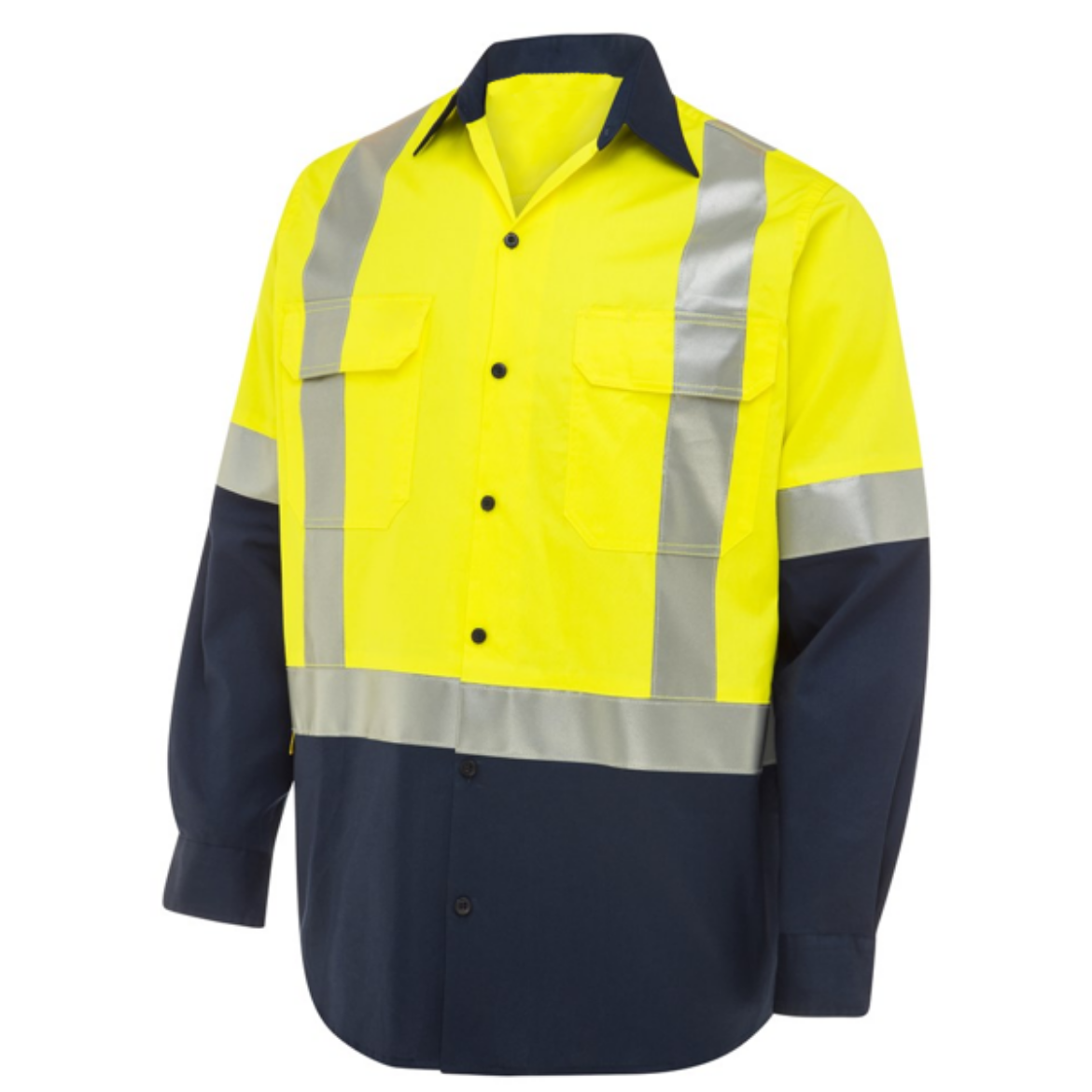 Picture of Summer Weight Cotton Drill Koolflow Venting Long Sleeve H Pattern Reflective Tape Yellow/Navy 5XL