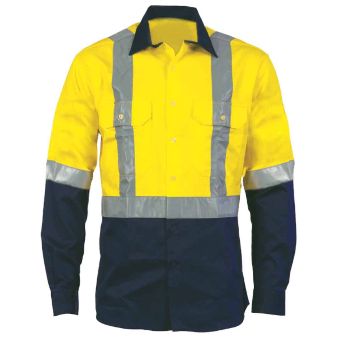 Picture of Cotton Drill Shirt Long Sleeve X Pattern Reflective Tape Yellow/Navy XL
