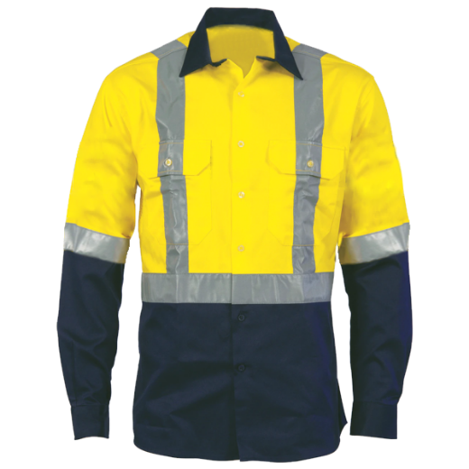 Picture of Cotton Drill Shirt Long Sleeve X Pattern Reflective Tape Yellow/Navy 3XL