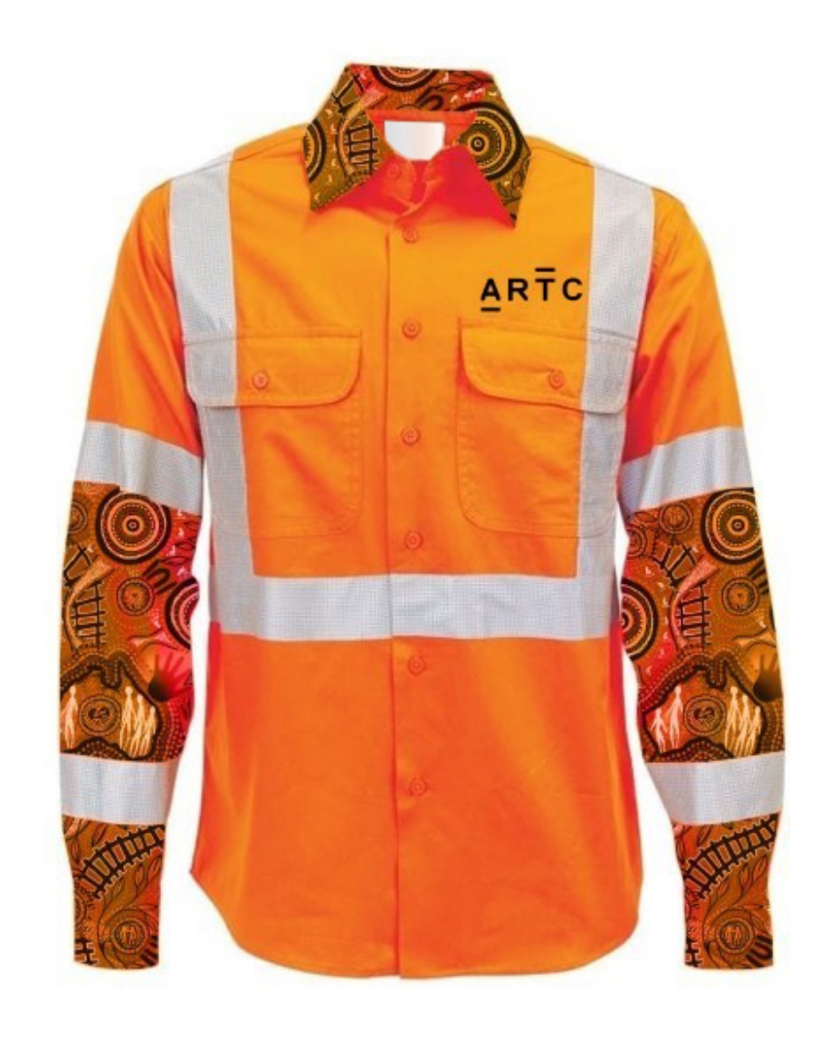 Picture of Cotton Drill Shirt Lightweight Indigenous Design Long Sleeve Rail X Reflective Tape Orange Inc ARTC Emb Logo Size 3XL