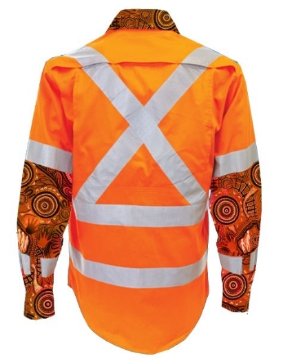 Picture of Cotton Drill Shirt Lightweight Indigenous Design Long Sleeve Rail X Reflective Tape Orange Inc ARTC Emb Logo Size XL