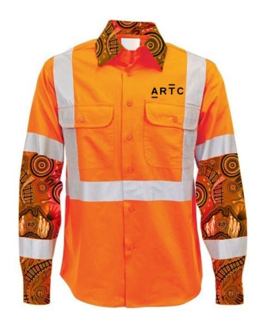 Picture of Cotton Drill Shirt Lightweight Indigenous Design Long Sleeve Rail X Reflective Tape Orange Inc ARTC Emb Logo Size XXS