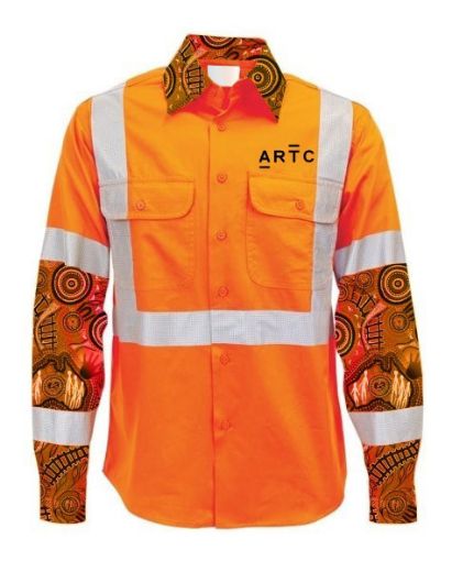 Picture of Cotton Drill Shirt Lightweight Indigenous Design Long Sleeve Rail X Reflective Tape Orange Inc ARTC Emb Logo Size XXS
