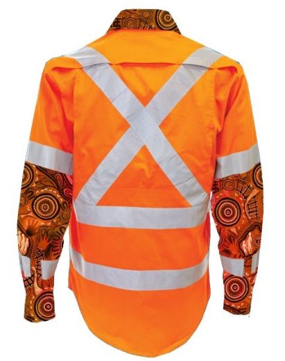 Picture of Cotton Drill Shirt Lightweight Indigenous Design Long Sleeve Rail X Reflective Tape Orange Inc ARTC Emb Logo Size XXS