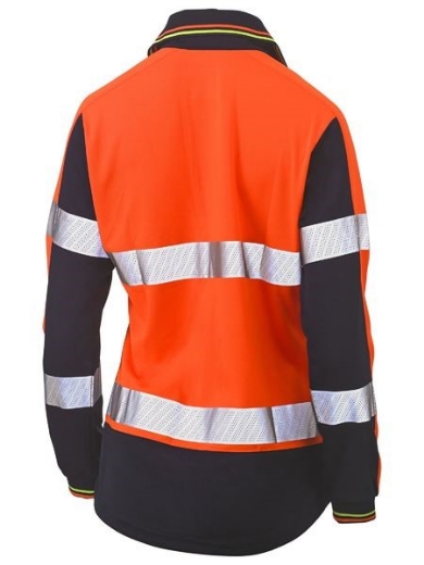Picture of Bisley Ladies Polo Shirt V-Neck Long Sleeve 100% Polyester Mesh with Perforated Reflective Tape