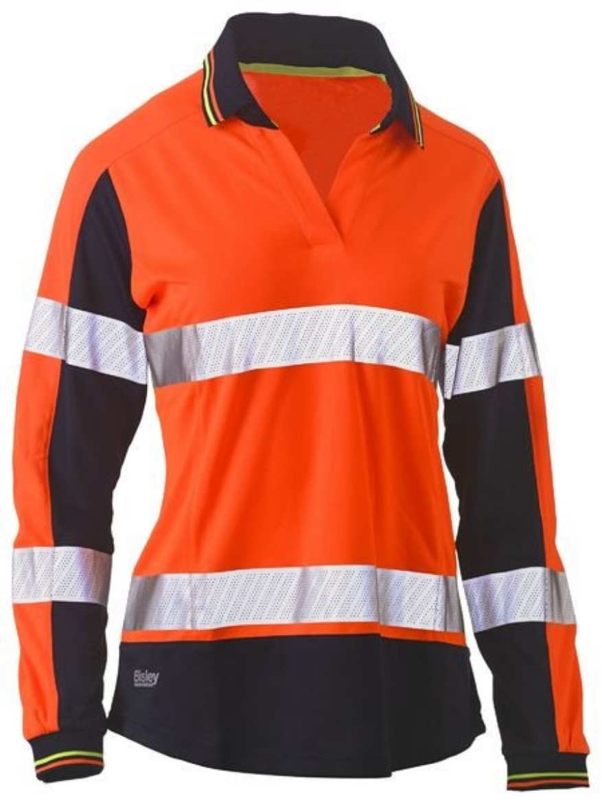 Picture of Bisley Ladies Polo Shirt V-Neck Long Sleeve 100% Polyester Mesh with Perforated Reflective Tape