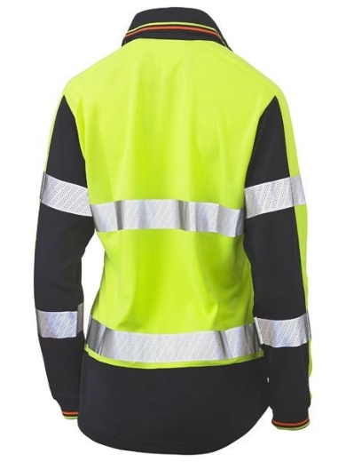 Picture of Bisley Ladies Polo Shirt V-Neck Long Sleeve 100% Polyester Mesh with Perforated Reflective Tape