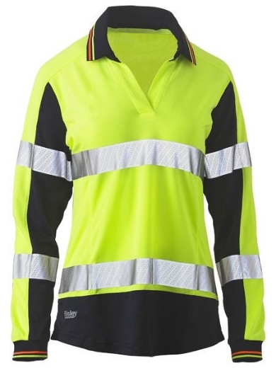 Picture of Bisley Ladies Polo Shirt V-Neck Long Sleeve 100% Polyester Mesh with Perforated Reflective Tape