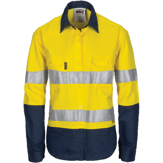 Picture of DNC Ladies Lightweight 3 Way Cool-Breeze Cotton Drill Shirt Long Sleeve RT1 Reflective Tape 2 Tone