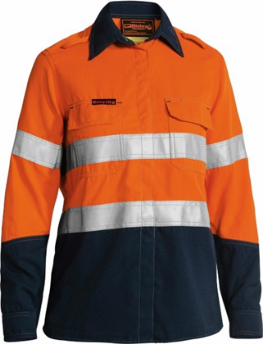 Picture of Bisley Flame Resistant Tencate Tecasafe Ladies Lightweight Shirt Long Sleeve with Vents 2 Hoop Pattern Reflective 197gsm HRC 1 ATPV 6-7