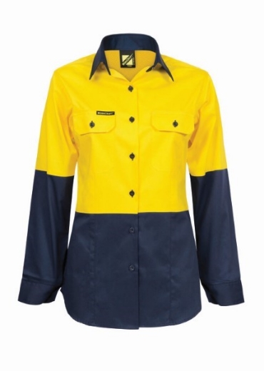 Picture of Work Craft Ladies Lightweight Hi Vis Long Sleeve Vented Cotton Drill Shirt