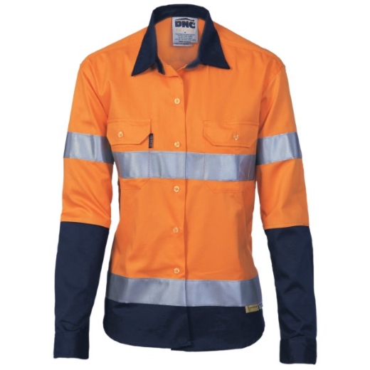 Picture of DNC Ladies Cotton Drill Shirt Long Sleeve RT1 Reflective Tape 2 Tone