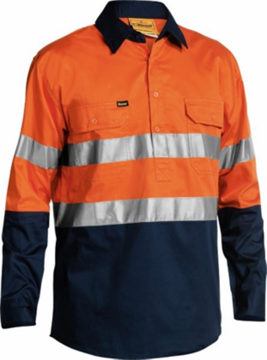 Picture of Bisley Cotton Drill Shirt Lightweight Closed Front Long Sleeve with Reflective Tape
