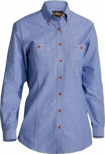 Picture of Bisley Ladies Chambray Shirt Long Sleeve 100% Cotton Blue