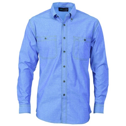 Picture of DNC Mens Twin Pocket Blue Cotton Chambray Shirt Long Sleeve