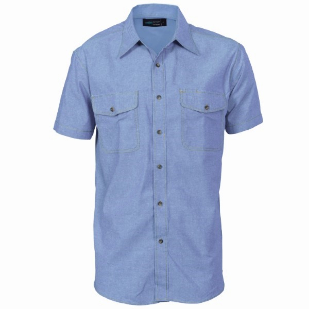 Picture of DNC Mens Twin Flap Pocket Blue Cotton Chambray Shirt Short Sleeve
