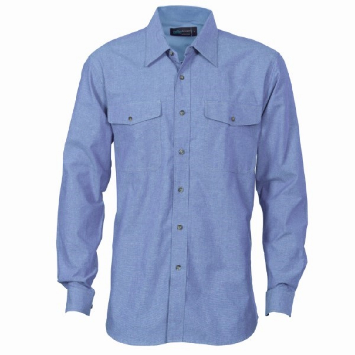 Picture of DNC Mens Twin Flap Pocket Blue Cotton Chambray Shirt Long Sleeve