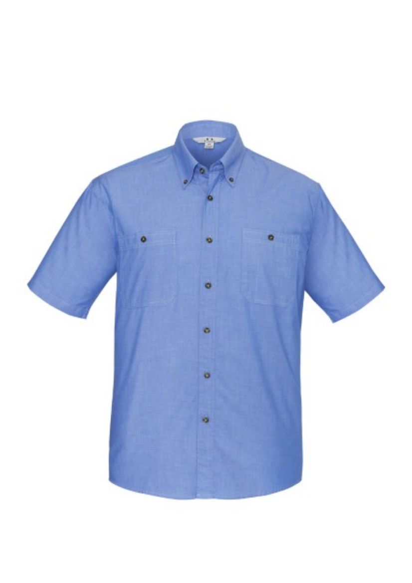 Picture of Biz Collection Mens Blue Chambray Shirt Short Sleeve 100% Cotton