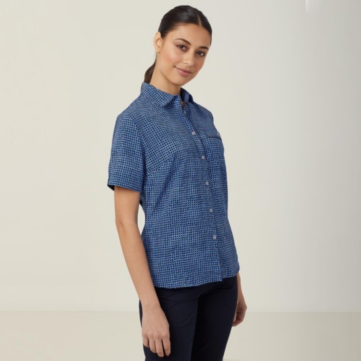 Picture of NNT Ladies Pixel Print Short Sleeve Action Back Shirt