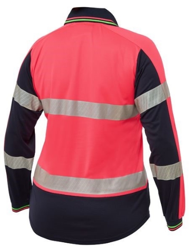 Picture of Bisley Ladies Polo Shirt V-Neck Long Sleeve 100% Polyester Mesh with Perforated Reflective Tape