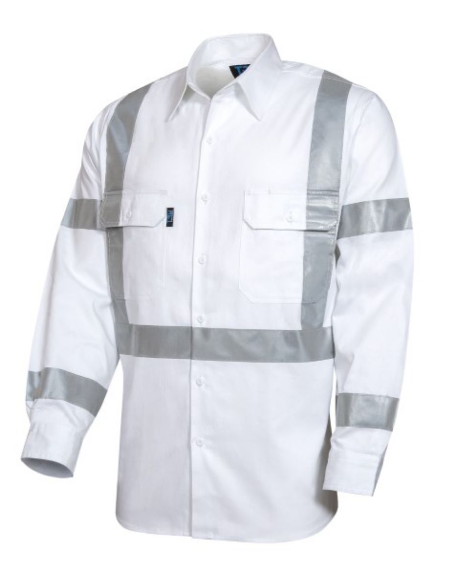 Picture of Tru Shirt RTA Night Worker Cotton Drill Long Sleeve with Reflective Tape White