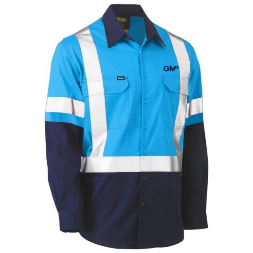Picture of Bisley Cotton Drill Shirt Lightweight Long Sleeve Rail X Reflective Tape Blue/Navy Including GM3 Logo