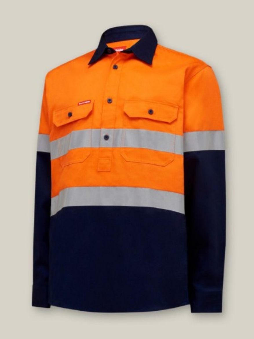 Picture of Hard Yakka Core Hi Vis Heavyweight Closed Front 2 Tone Cotton Drill Long Sleeve Shirt with Tape