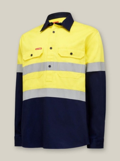 Picture of Hard Yakka Core Hi Vis Heavyweight Closed Front 2 Tone Cotton Drill Long Sleeve Shirt with Tape