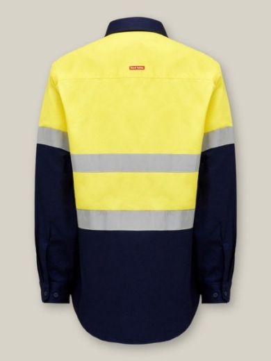 Picture of Hard Yakka Core Hi Vis Heavyweight Closed Front 2 Tone Cotton Drill Long Sleeve Shirt with Tape