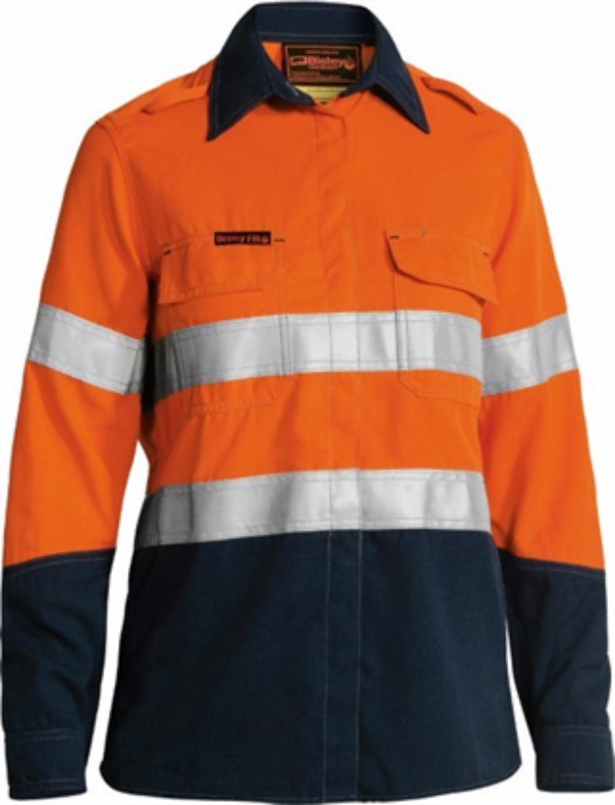 Picture of Bisley Flame Resistant Tencate Tecasafe Ladies Shirt Long Sleeve with Vents 2 Hoop Pattern Reflective 238gsm HRC 2 ATPV 9