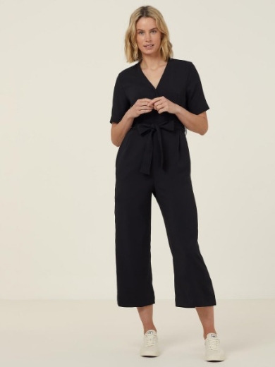 Picture of NNT Ladies Georgette Heavy Stretch Short Sleeve Jumpsuit Black