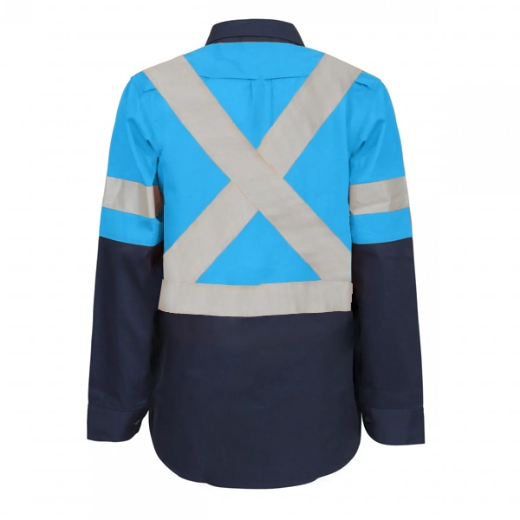 Picture of Bisley Ladies Taped Hi Vis Maternity Drill Shirt with Reflective Tape Blue/Navy Including GM3 Logo