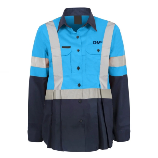 Picture of Bisley Ladies Taped Hi Vis Maternity Drill Shirt with Reflective Tape Blue/Navy Including GM3 Logo
