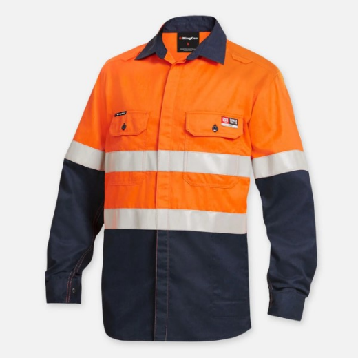 Picture of King Gee ShieldTec Fire Resistant Lenzing Hi-Vis Spliced Open Front Taped Shirt
