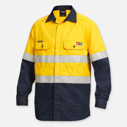 Picture of King Gee ShieldTec Fire Resistant Lenzing Hi-Vis Spliced Open Front Taped Shirt