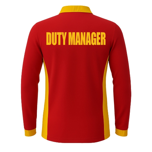 Picture of Polo Shirt Ladies Long Sleeve Red Body Gold Panels