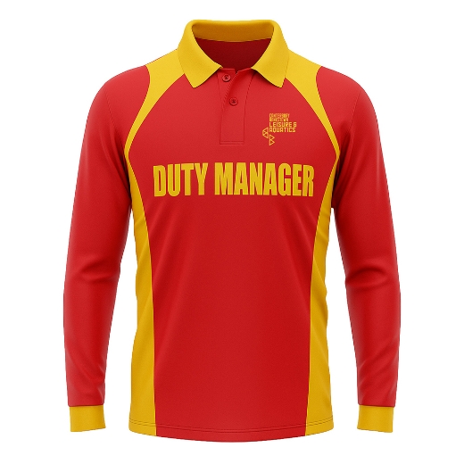 Picture of Polo Shirt Ladies Long Sleeve Red Body Gold Panels