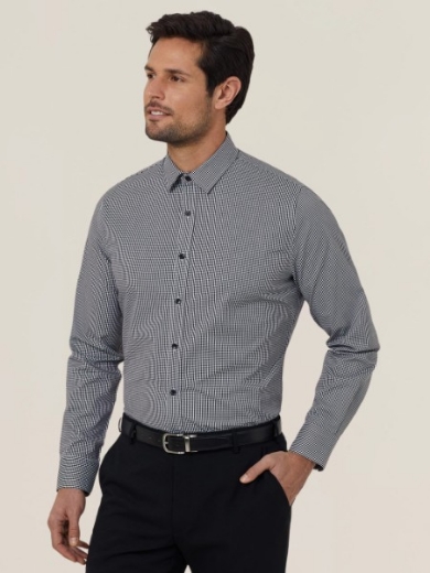 Picture of NNT Mens Avignon Gingham Check Stretch Long Sleeve Slim Shirt
