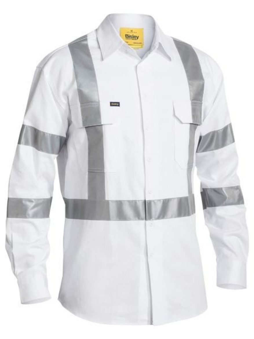 Picture of Bisley Cotton Drill RTA Shirt Long Sleeve with X Pattern Reflective Tape White