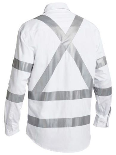 Picture of Bisley Cotton Drill RTA Shirt Long Sleeve with X Pattern Reflective Tape White